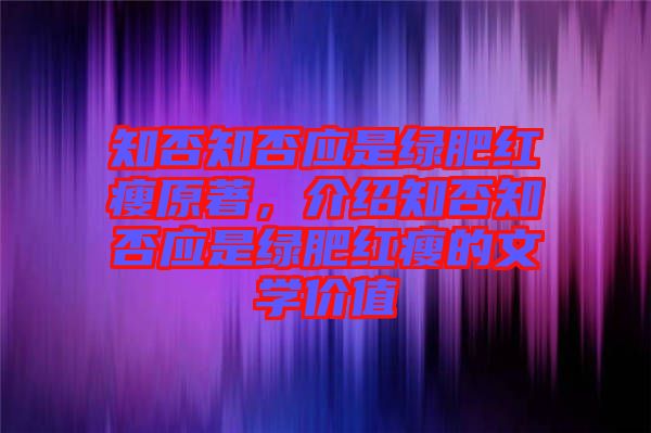 知否知否應是綠肥紅瘦原著，介紹知否知否應是綠肥紅瘦的文學價值